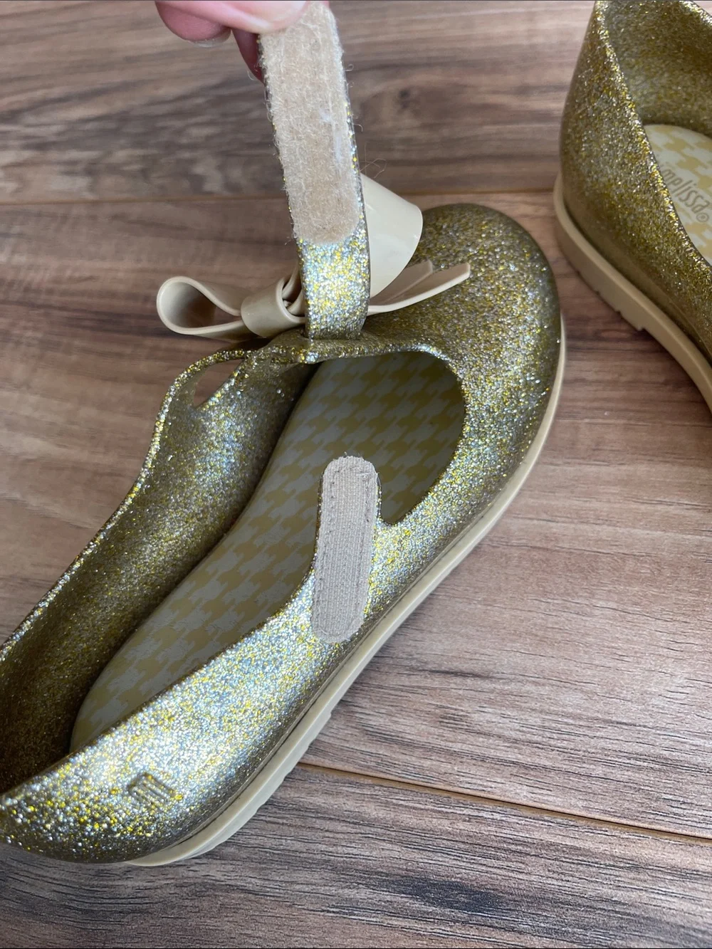 Pre-owned Mini Melissa Glitter Mary Jane Flats with Cream Bow size 12